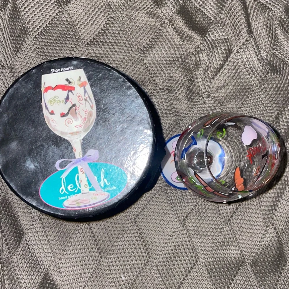 Vintage Lolita Hand-Painted Wine Glass w/Gift Box-Shoe Hound theme. Hand painted